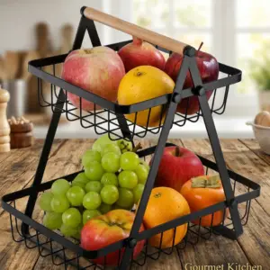 2-Tier Gourmet Kitchen Fruit Basket with Wooden Handle