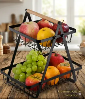 2-Tier Gourmet Kitchen Fruit Basket with Wooden Handle