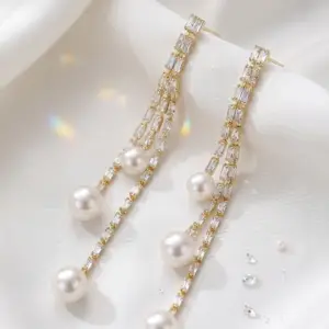 Premium Gold-Plated Geometric Crystal Tassel Earrings